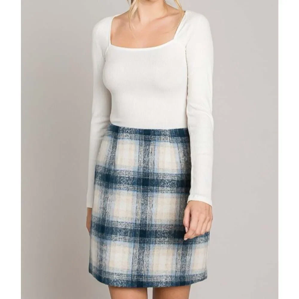 Navy Tartan Wool Plaid Skirt
